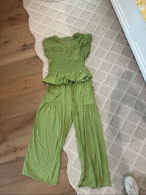 Smocked Peplum Wide-Leg Jumpsuit in Green
